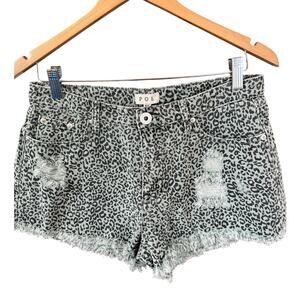 POL Leopard Print Denim Shorts Small Distressed Boho Festival Green